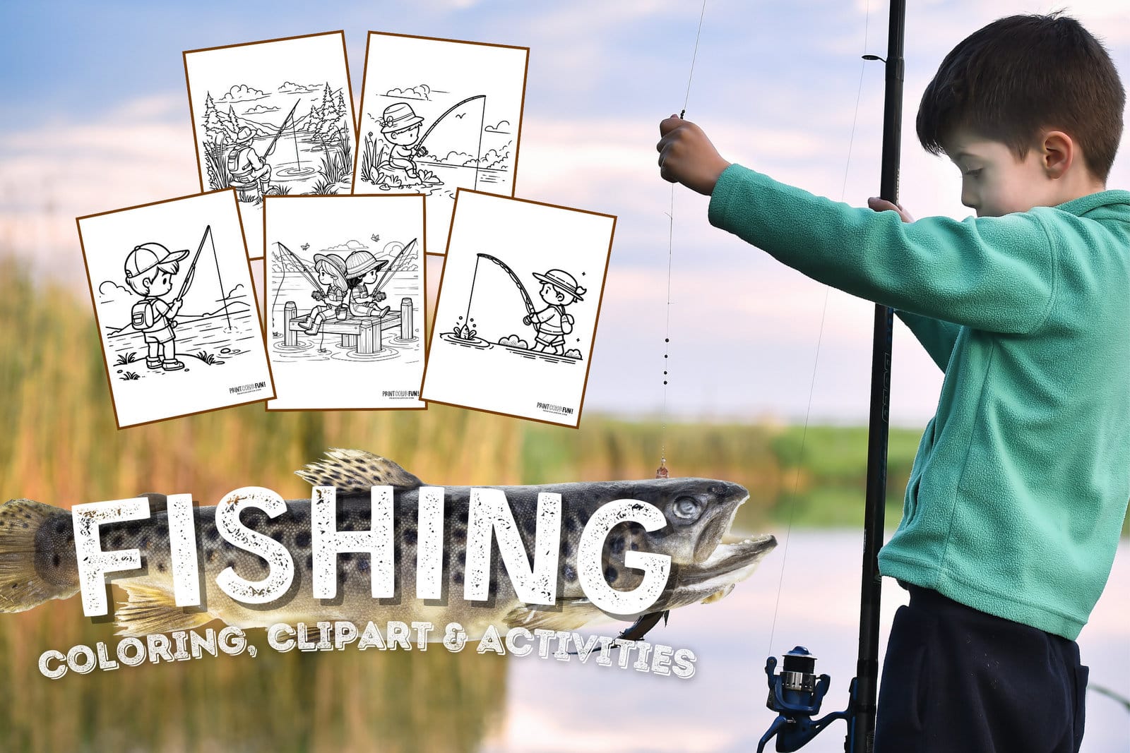 Fishing coloring page clipart activities from PrintColorFun com