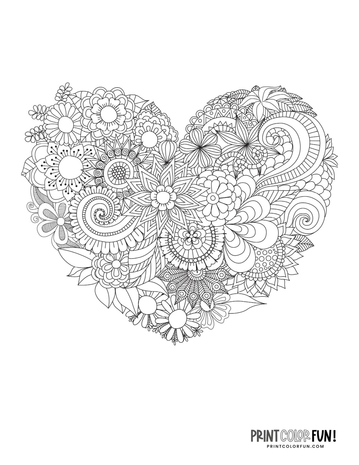 20 floral heart coloring pages, at PrintColorFun.com