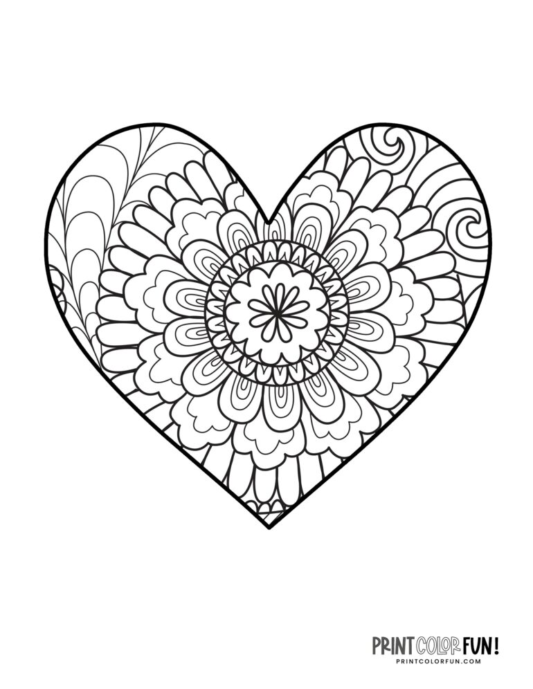 20 floral heart coloring pages, at PrintColorFun.com