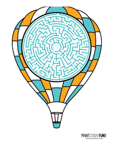 Flying hot air balloon maze printable puzzle at PrintColorFun com