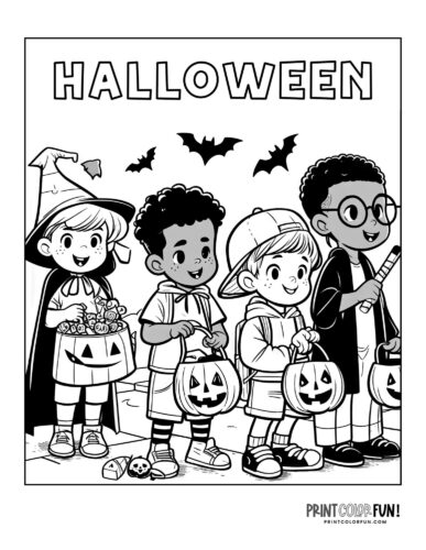 Four boys trick-or-treating for candy on Halloween - Coloring printable from PrintColorFun come