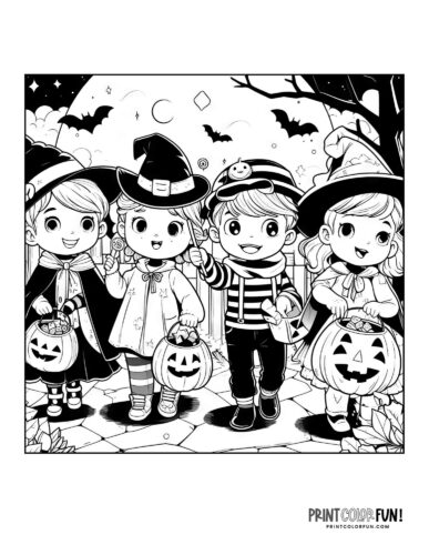 Four kids in Halloween costumes - Coloring page from PrintColorFun come