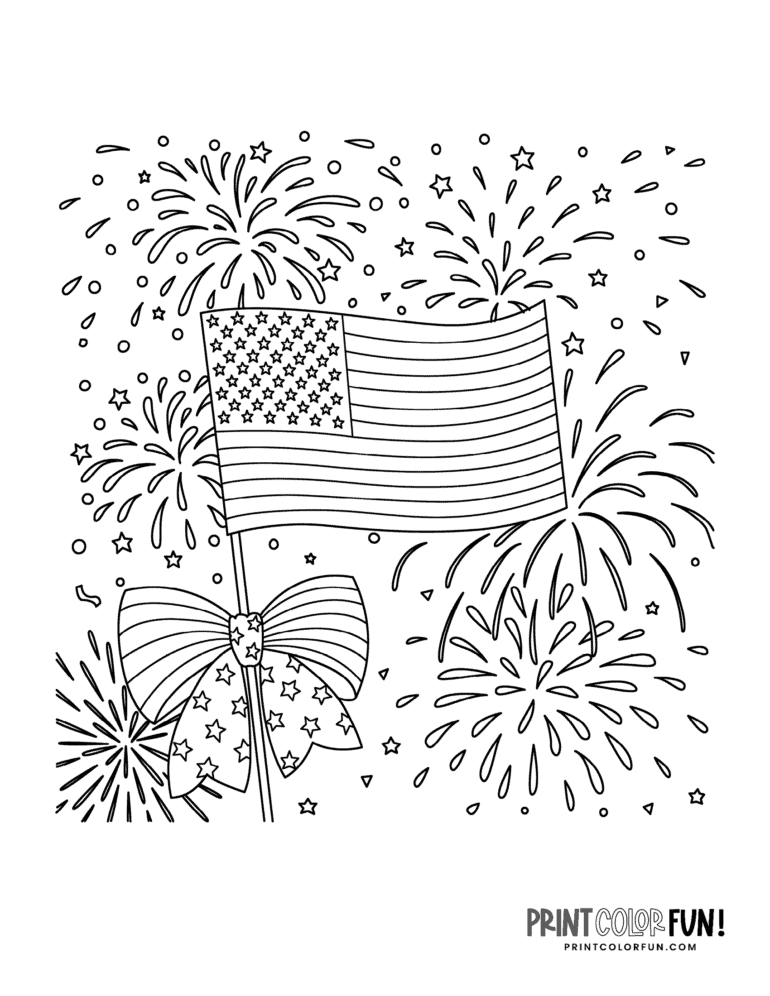 Fourth of July flag & fireworks coloring pages - Print Color Fun!