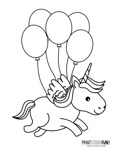 Free unicorn with balloons coloring page