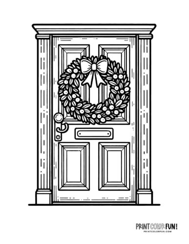 Front door with a holiday wreath coloring page at PrintColorFun com