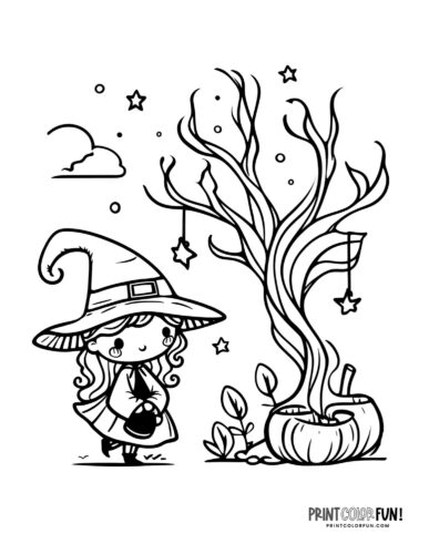 Fun witch coloring page with a tree from PrintColorFun com