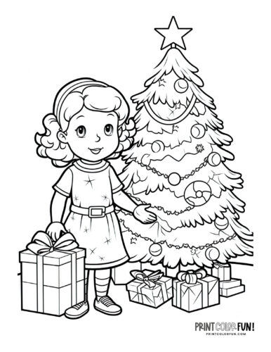 Girl and a Christmas tree coloring page from PrintColorFun com
