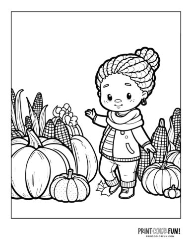 Girl at a farm during the fall - coloring page from PrintColorFun com