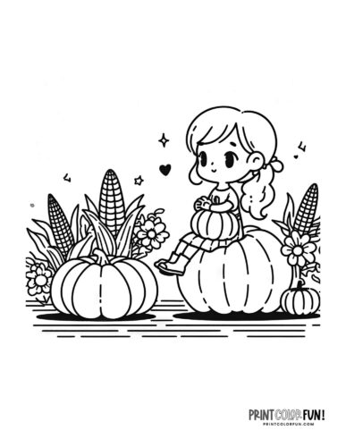 Girl at a pumpkin patch - coloring page from PrintColorFun com