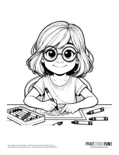 Girl coloring with crayons coloring clipart from PrintColorFun com