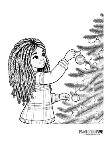 Girl decorating a Christmas tree coloring page from PrintColorFun com
