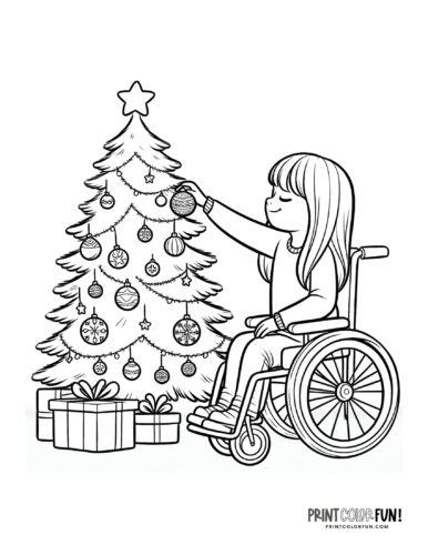 Girl in wheelchair Christmas tree coloring page from PrintColorFun com