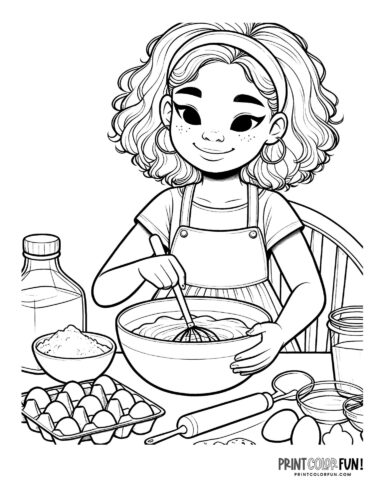 Girl mixing ingredients to bake cookies from PrintColorFun com