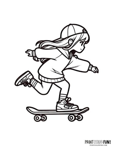 Girl on a skateboard coloring page from PrintColorFun com