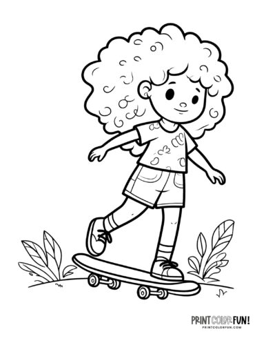 Girl riding a skateboard coloring page from PrintColorFun com