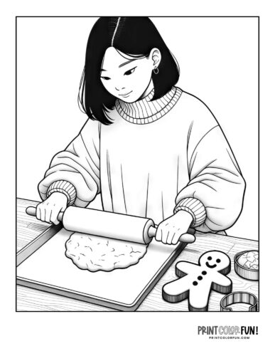 Girl rolling out the dough to make gingerbread man cookies from PrintColorFun com