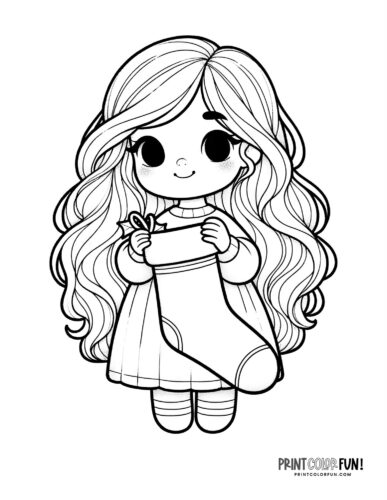 Girl with a Christmas stocking coloring page B PrintColorFun com