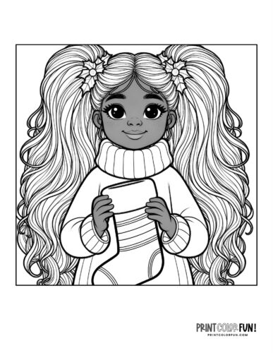Girl with a Christmas stocking coloring page C PrintColorFun com