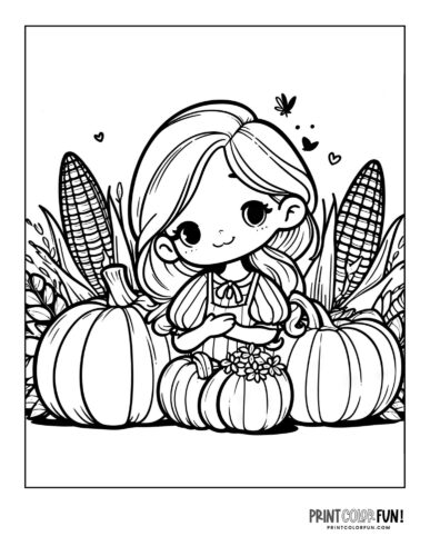 Girl with autumn harvest - coloring page from PrintColorFun com