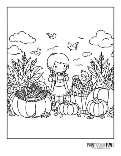Girl with corn and fall harvest - coloring page from PrintColorFun com