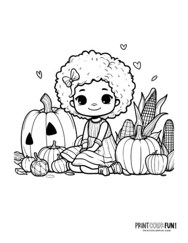 Girl with pumpkins and corn and a jack o lantern - coloring page from PrintColorFun com