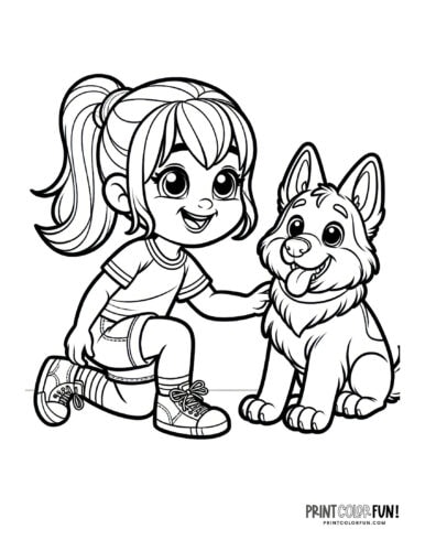 Girl with small German Shepherd dog coloring clipart from PrintColorFun com