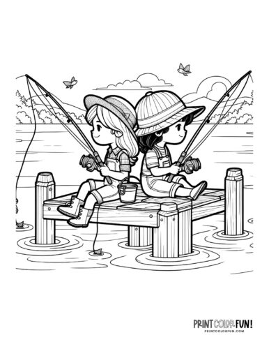 Girls fishing coloring page at PrintColorFun com