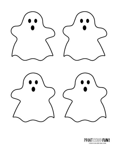 Halloween coloring page with 4 small ghosts