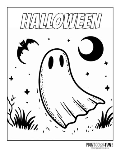 Halloween coloring page with a flying ghost