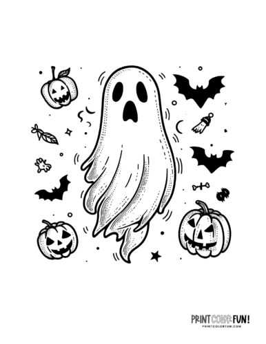 Halloween coloring page with a ghost and bats
