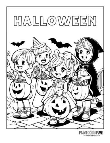 Halloween trick or treat coloring pages - Manga style kids from PrintColorFun coms