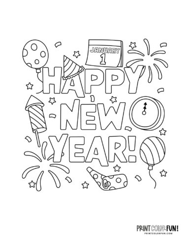 Happy New Year sign coloring page clipart from PrintColorFun com