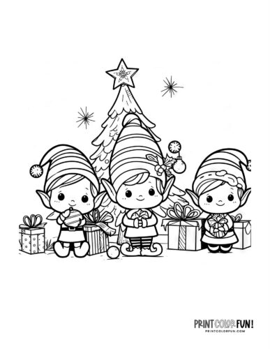 Happy elves in front of a Christmas tree coloring page at PrintColorFun com
