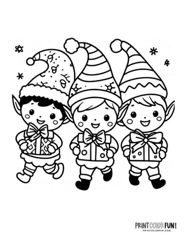 Happy elves with Christmas gifts coloring page at PrintColorFun com