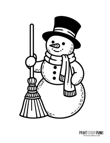 Happy snowman with a broom coloring page from PrintColorFun com
