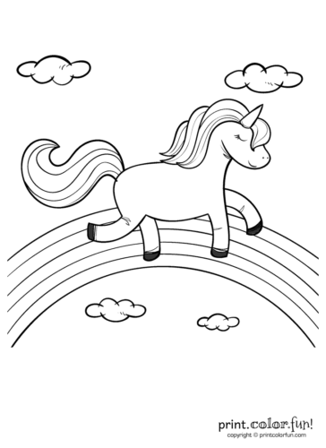 Happy Unicorn Over The Rainbow Coloring Page Print Color Fun