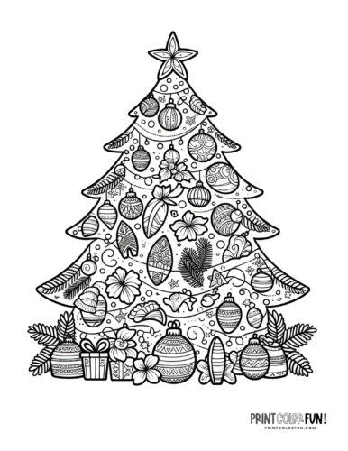 Hawaii-themed Christmas tree coloring page from PrintColorFun com