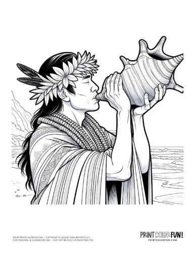 Hawaiian man blowing a conch shell as a horn at PrintColorFun com