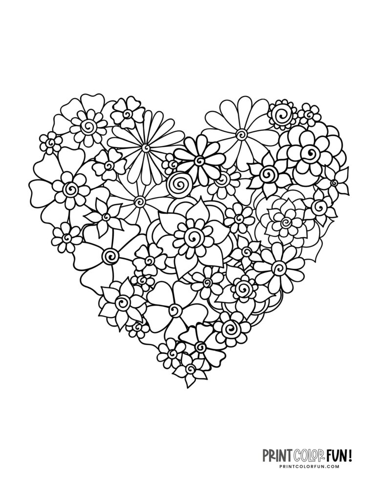 20 floral heart coloring pages, at PrintColorFun.com