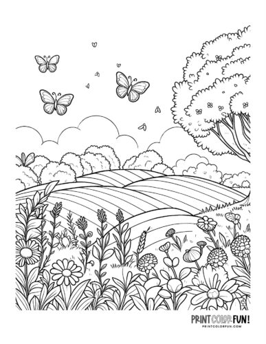 Hills with plants and butterflies coloring page - PrintColorFun com