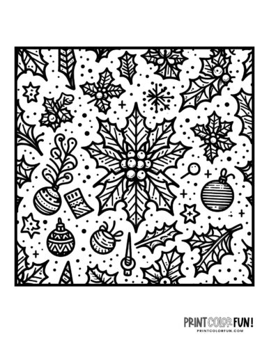 Holly pattern with Christmas ornaments to color