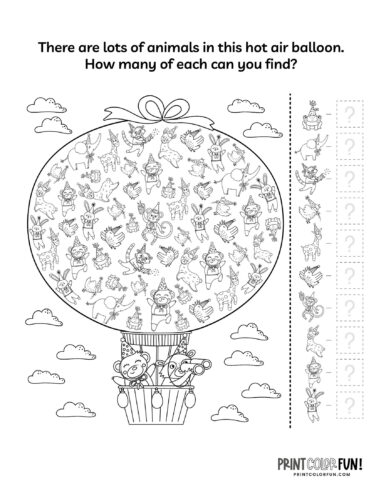 Hot air balloon game find the animals puzzle - PrintColorFun.com