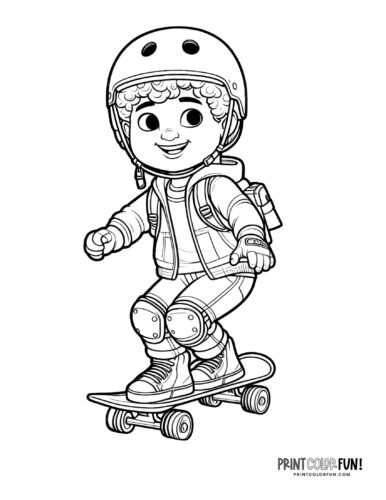 Kid riding skateboard with helmet and kneepads coloring page from PrintColorFun com