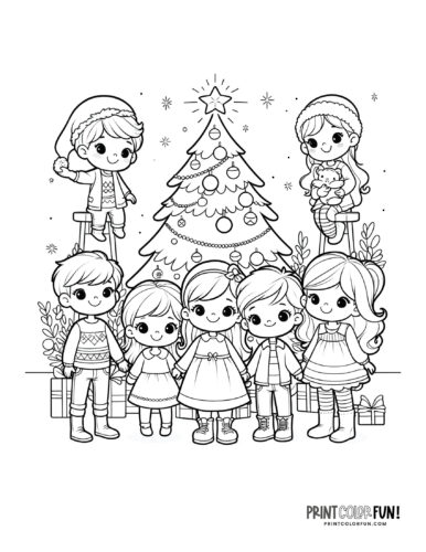Kids and a Christmas tree coloring printable from PrintColorFun com (2)