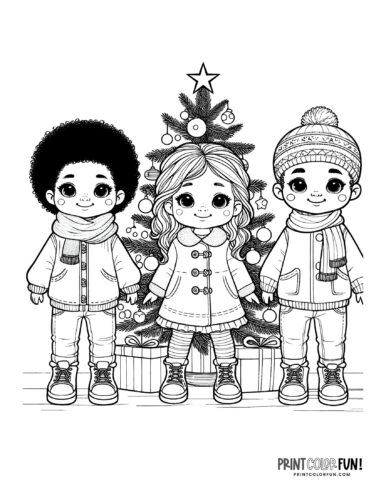 Kids and a Christmas tree coloring printable from PrintColorFun com (3)