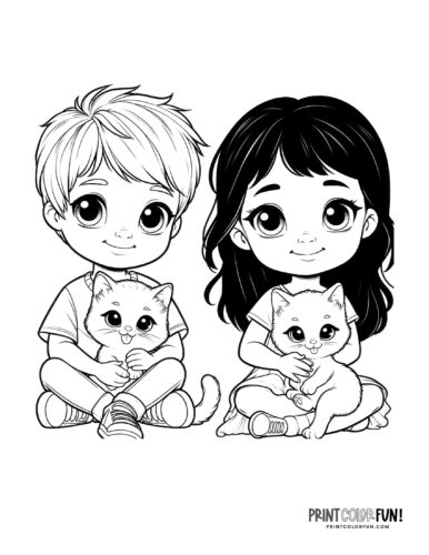 Kids and cats coloring page clipart from PrintColorFun com (1)