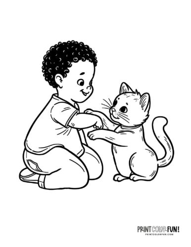 Kids and cats coloring page clipart from PrintColorFun com (2)