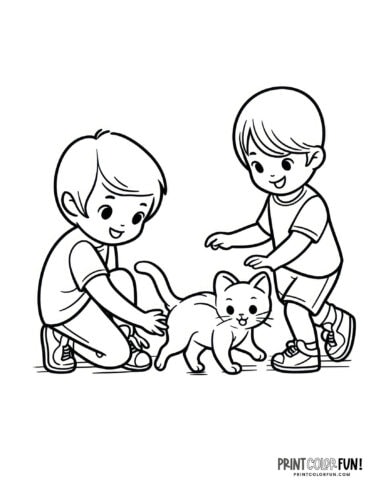 Kids and cats coloring page clipart from PrintColorFun com (6)