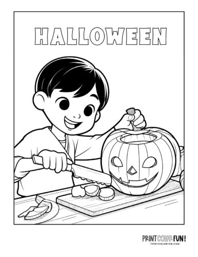 Kids carving Halloween pumpkins into jack-o'lanterns - Printable coloring (1)