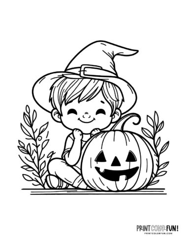 Kids carving Halloween pumpkins into jack-o'lanterns - Printable coloring (2)